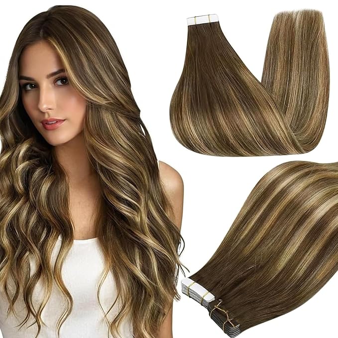 Full Shine Tape in Hair Extensions 18Inch Skin Weft Invisible Tape in Human Hair Medium Brown to Honey Blonde Real Human Hair Extensions Tape ins 50G Balayage Hair Extensions for Wedding 20pcs 4/24/4