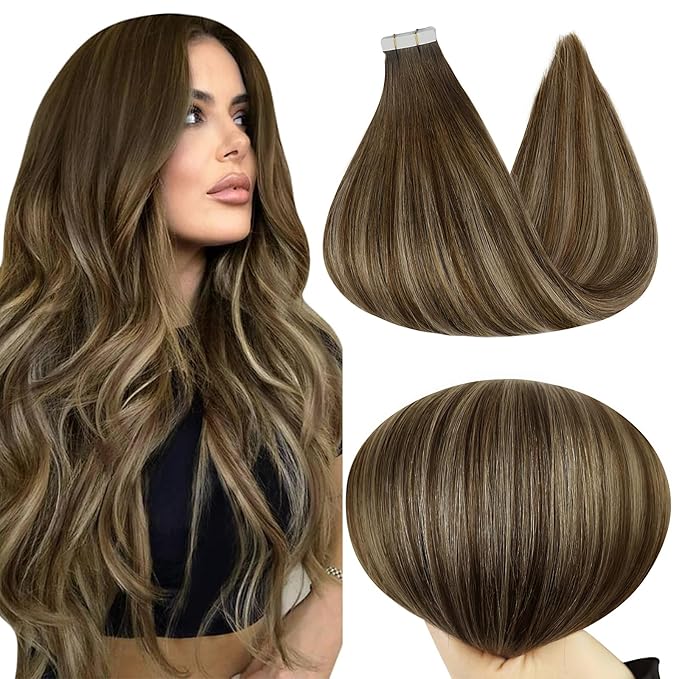 Full Shine Tape in Hair Extensions Human Hair 20 Inch Glue in Real Hair Extensions Balayage Color 4 Brown Fading to 24 Blonde and 4 Seamless Remy Hair Extensions Tape in Straight Skin Weft 50G 20Pcs