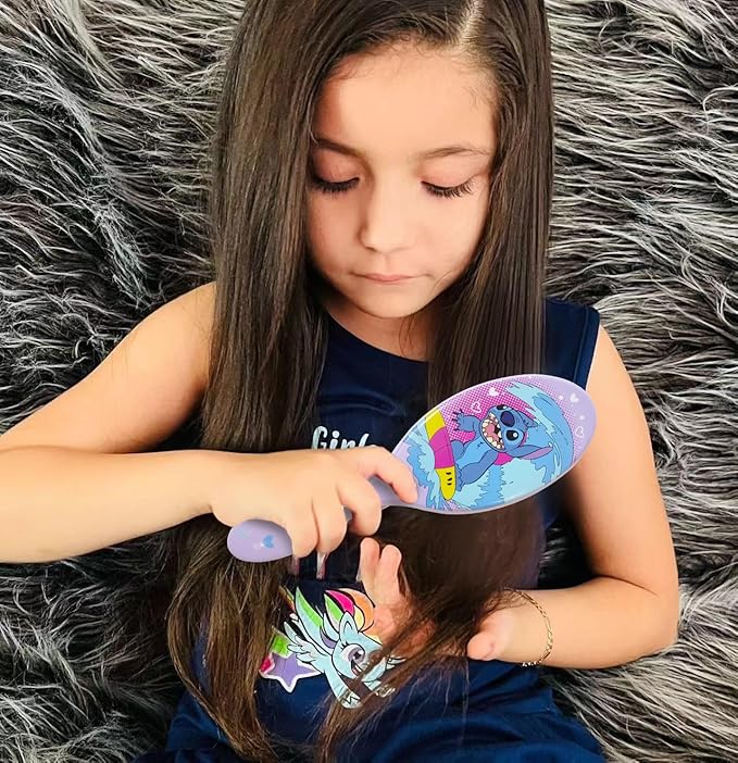 LUV HER Lilo & Stitch Hair Accessory 5 Pcs Set - 1 Regular 9 inch Stitch Hairbrush & 4 Scrunchies - Detangling Brush - Elastic Hair Ties Ropes for Girls, Ages 3+