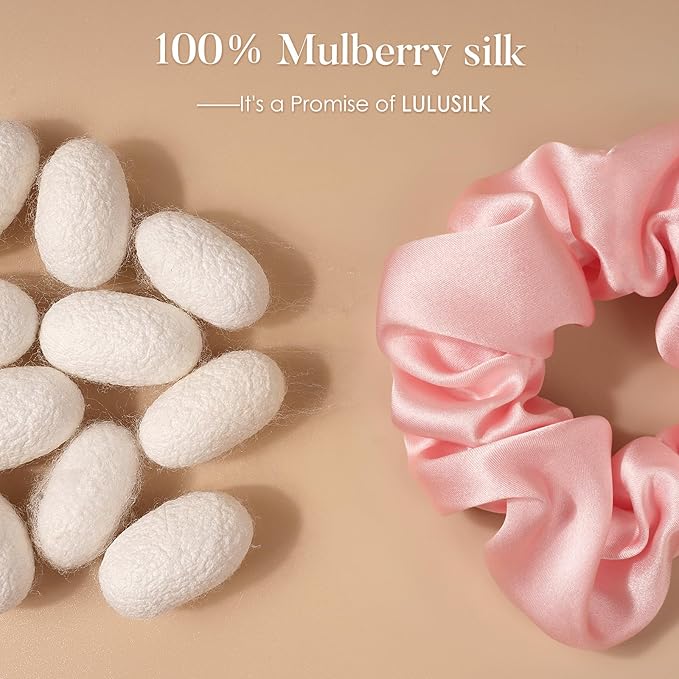 LULUSILK Silk Scrunchies for Hair Sleep, 100% Real Mulberry Silk, No Damage Hair Ties for Women and Girls, Elegant Lotus Pink, Pack of 3
