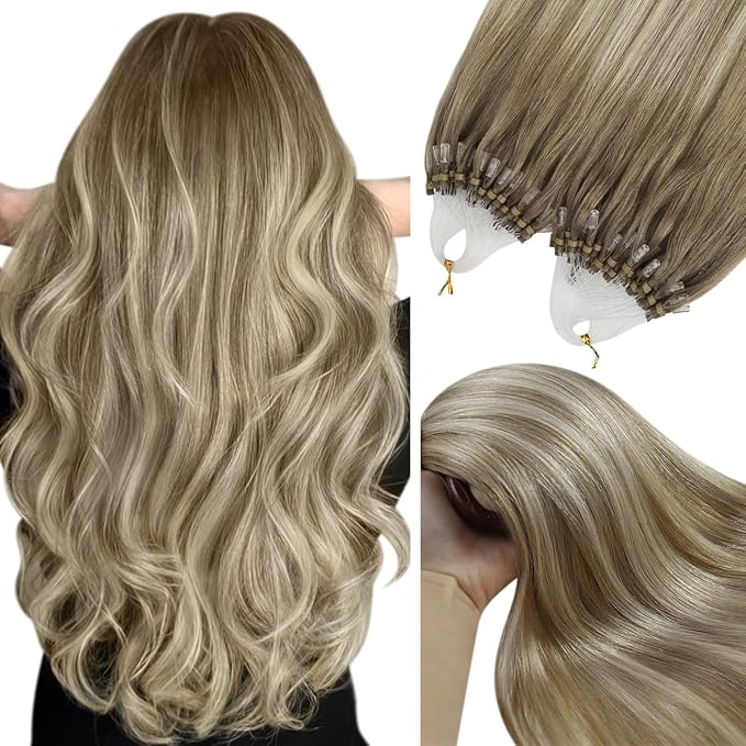 YoungSee Microlink Hair Extensions Ombre Micro Bead Hair Extensions Real Human Hair Brown Balayage Micro Loop Human Hair Extension Ombre Light Brown to Platinum Blonde 20 Inch 50s 50g