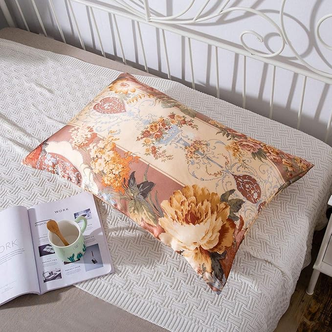 100% Mulberry Silk Pillowcase for Hair and Skin Health with Hidden Zipper Floral Print Both Sides Silk SLPBABY (Standard, Pattern18)