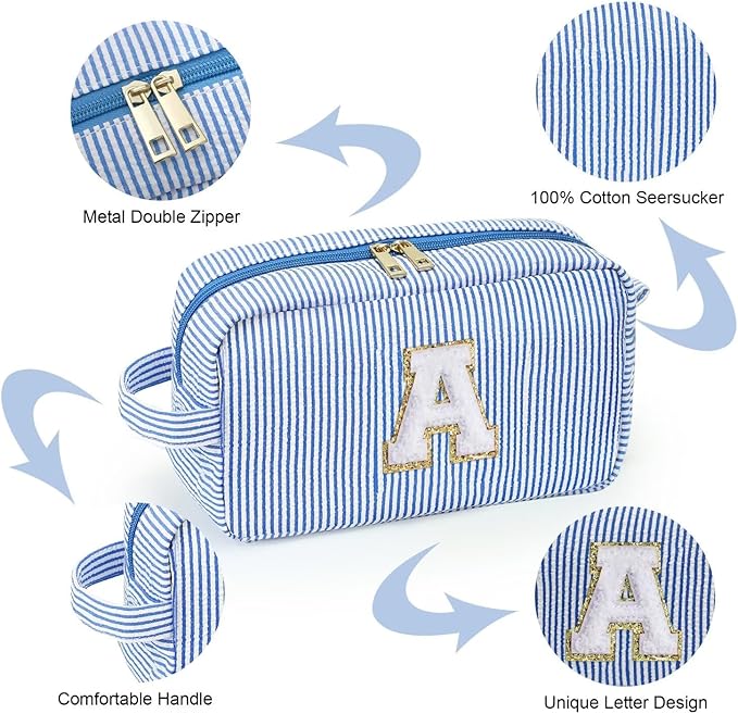YOOLIFE Teen Girls Makeup Bag - Monogram Makeup Bags Cosmetic Toiletry Pouch Make Up Case for Women Her Best Friend Friendship Sister Teacher, Personalized Birthday Gifts for Women, Blue W