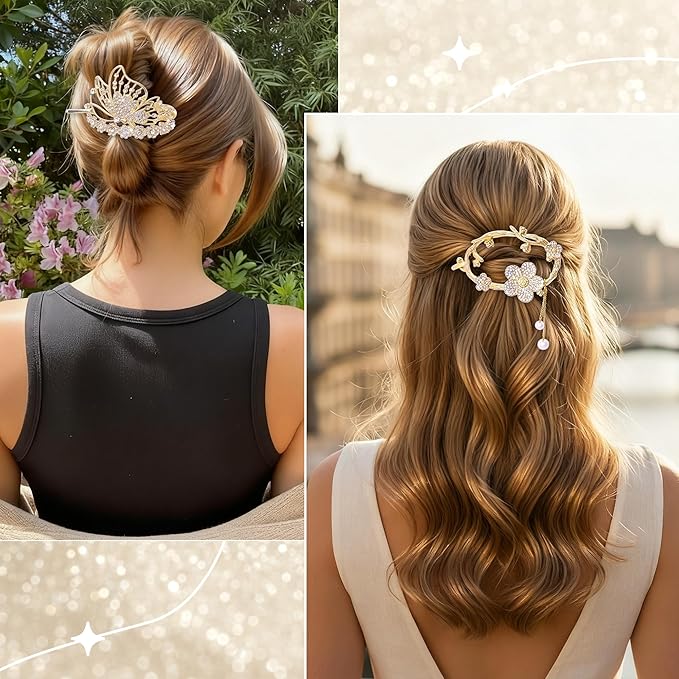 4PCS Metal Twisted Hair Claw Clips Set, Rhinestone Pearl Butterfly & Floral Hair Clamps, Medium/Thin Hair Accessories Barrettes Non Slip Jaw Hair Claw Metal Sparkly Flat Hairclips for Women