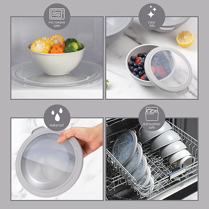 COOK WITH COLOR Mixing Bowls Set with TPR Lids - 12 Piece Plastic Nesting Bowls Set includes 6 Prep Bowls and 6 Lids, Microwave Safe (Grey)