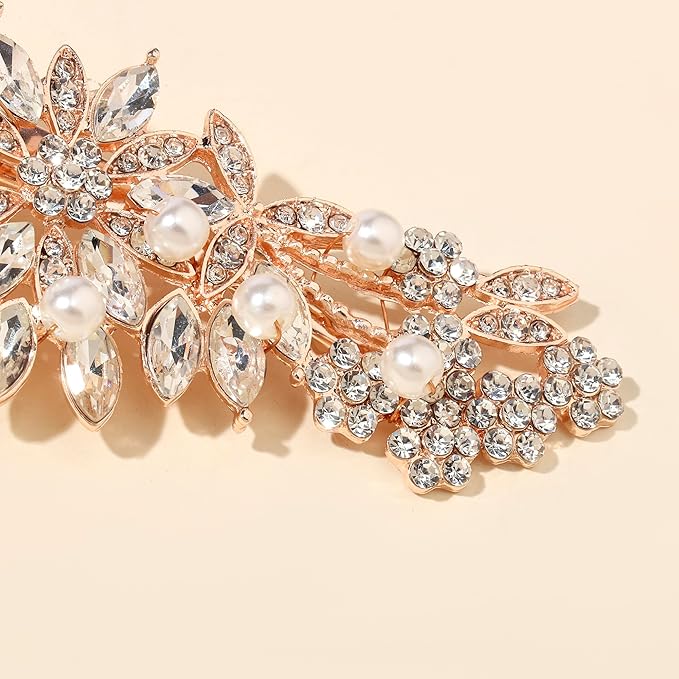 Rose Gold Crystal and Pearl Bridal Hair Clip Floral Hair Accessory Wedding Hair Comb For Women and Bride