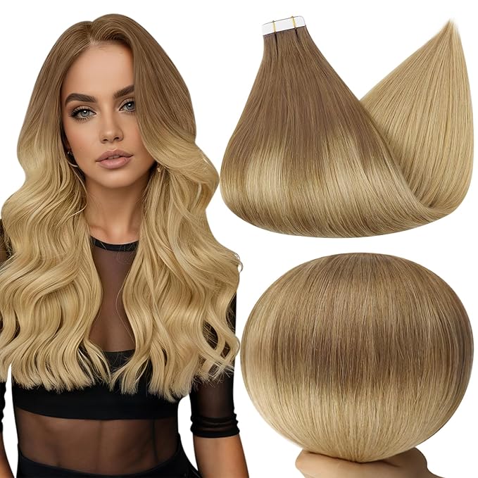 Full Shine Human Hair Tape in Extensions 50Gram Color Gold Brown to Dark Blonde 10/14 20PCS 20INCH Tape Hair Extensions Real Human Hair Adhesive Double Sided Add Length Skin Weft