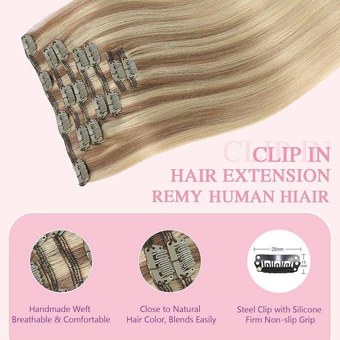PINKPEARL Clip in Hair Extensions Real Human Hair #10/16/16 Golden Brown to Caramel Blonde Human Hair Clip in Hair Extensions 7pcs 120g 20inch Human Hair Extensios Clip ins(#10/16/16-20)