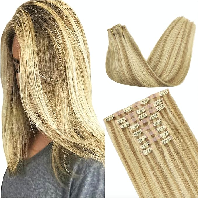 GOO GOO Clip in Hair Extensions Real Human Hair, Remy Human Hair Extensions Clip ins for Women, Natural Human Hair, 22inch 200g 9Pcs, #16/22 Light Blonde Highlighted Golden Blonde