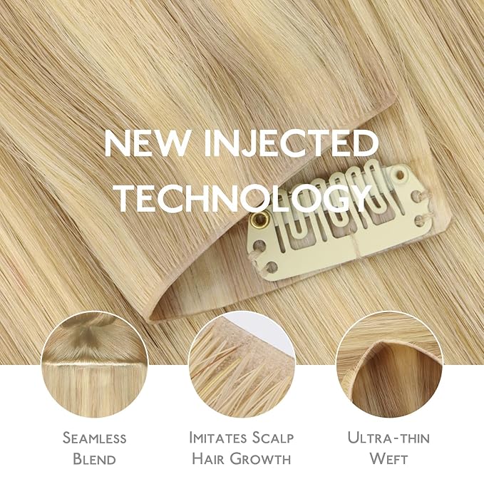 WENNALIFE Invisi Edge & Classic Seamless Clip in Hair Extensions Real Human Hair, 14 Inch 130 9pcs Light Blonde Highlighted Golden Blonde Hair Extensions for Women Invisible Straight Injection