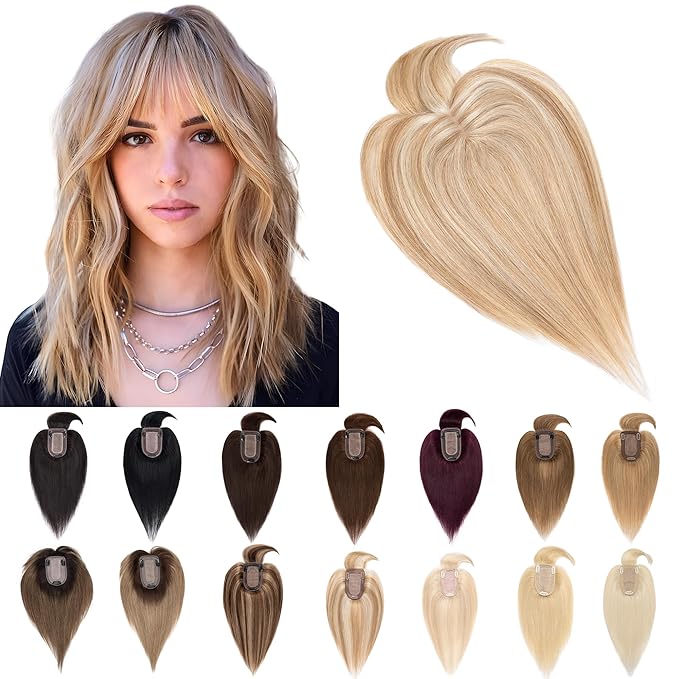 SEGO Hair Toppers for Women Real Human Hair With Bangs, 7 * 13CM Silk Base 100% Remy Human Hair Clip in Top Wiglet Hairpieces Add Volume /12 Inch Golden Brown&Bleach Blonde