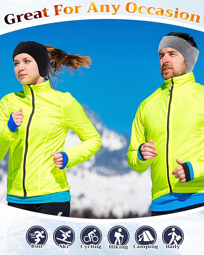 JenPen 2 Pcs Double-layer Ear Muffs for Winter Ear Warmers Headband for Men Women Knit Fuzzy Lined for Adult Running Cycling Ski (Gray,Black)