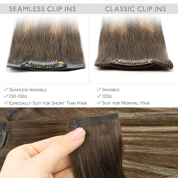 WENNALIFE Seamless Clip In Hair Extensions, 18 Inch 7pcs 130g Balayage Chocolate Brown to Honey Blonde, PU Skin Weft Real Human Hair Extensions