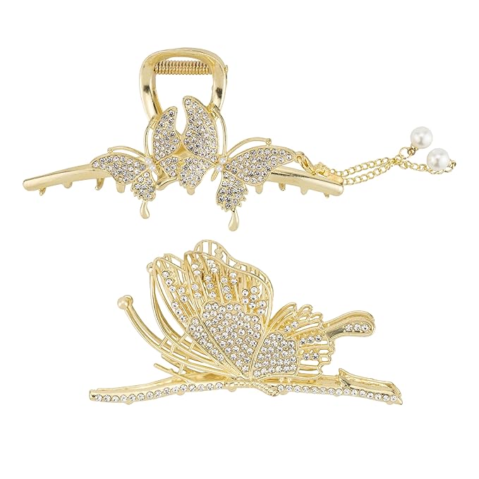 2PCS Gold Double Butterfly Rhinestone & Pearl Claw Clips, Bling Large Hair Clips for Women Thick Hair, Chic Hair Accessories