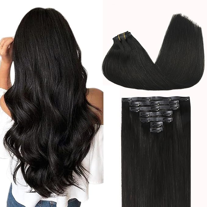 GOO GOO Clip in Hair Extensions Real Human Hair, Remy Human Hair Extensions Clip ins for Women, Natural Human Hair, 24inch 120g 7Pcs, 1B Natural black