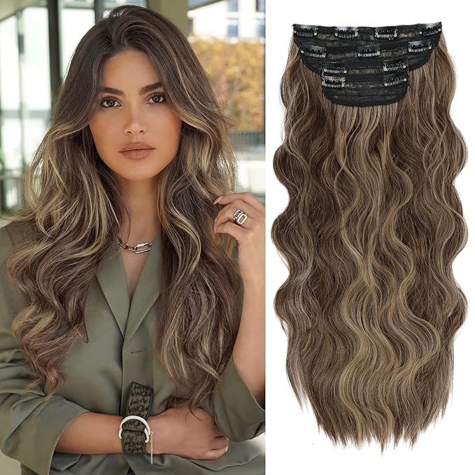 Clip in Hair Extensions, 20 Inch Medium Brown Mixed Golden Blonde Hair Extensions for Women 4PCS Curly Hair