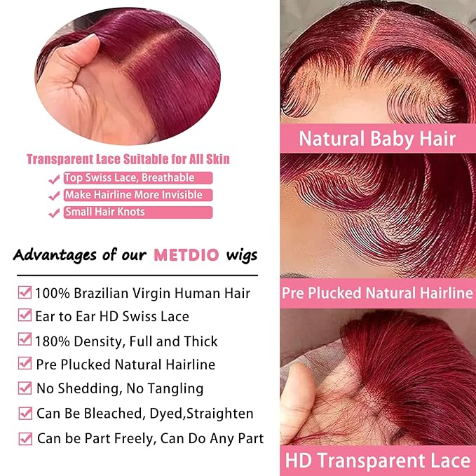 99J Burgundy Wig Human Hair 13x4 Body Wave Lace Front Wigs Human Hair 180 Density Pre Plucked Glueless Wine Red Colored Lace Front Wig for Women 28inch
