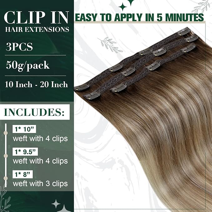 RUNATURE Clip in Hair Extensions Human Hair Balayage Clip in Human Hair Extensions for Women Soft Remy Natural Hair Straight 16 Inch 50g 3pcs #3/8/22 Walnut Brown to Blonde Balayage