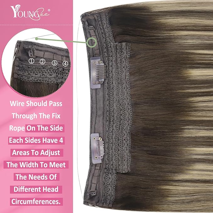 YoungSee 135G Brown Wire Hair Extensions Real Human Hair Balayage Hair Extension Invisible Wire Ombre Dark Brown with Ash Blonde Headband Hair Extension for Natural Look 24Inch