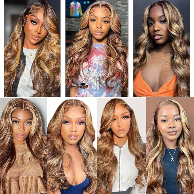 210% Density 13x6 Highlight Ombre Full Lace Frontal Wigs Human Hair 12A Body Wave Brazilian Human Hair Pre Plucked 4/27 Honey Blonde HD Glueless Transparent Lace with Baby Hair 28 Inch
