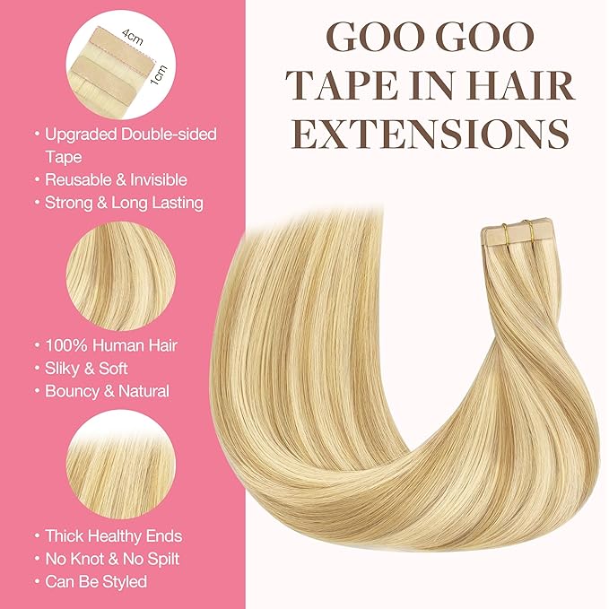 GOO GOO Tape in Hair Extensions Human Hair, 18D/22F Dirty Blonde Highlights, 16inch 100g 40pcs, Skin Weft Seamless Invisible, Silky Straight with Thick Ends, Remy Human Hair