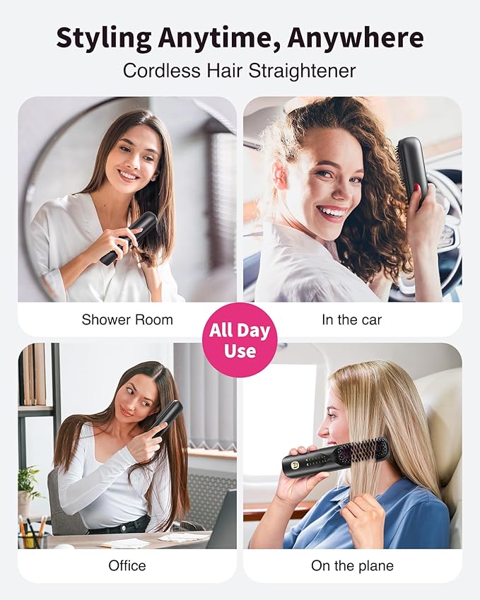 Cordless Hair Straightener Brush - Portable Hair Straightening Brush for Travel - 300M Negative Ions for Frizz-Free Shine, Touch Up On-The-Go, Fast Heating, Gift for Women, 10,000mAh, Charcoal Black