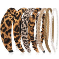 VELSCRUN Headbands for Women 7 Pcs Different Dark Leopard Color Knotted Solid Pearl Head Bands Non Slip Hair Band Stuff for Teen Girls Womens Trendy Fashion Diademas Para Mujer Hair Accessories