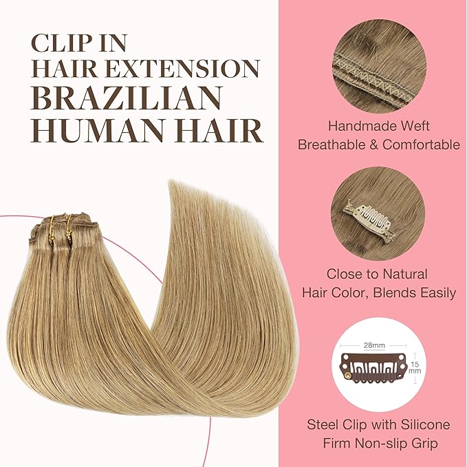 GOO GOO Clip in Hair Extensions Real Human Hair, Remy Human Hair Extensions Clip ins for Women, Natural Human Hair, 20inch 120g 7Pcs, 7 Bronde