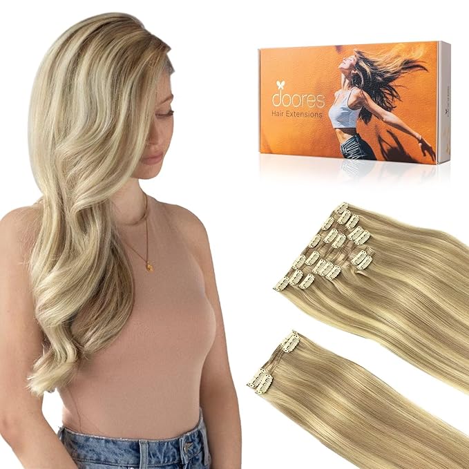 DOORES Hair Extensions Real Human Hair, Light Blonde Highlighted Golden Blonde 150g 9pcs 16 Inch, Remy Hair Extensions Clip in Human Hair Extensions For Women Clip in Straight Thick Hair Extensions