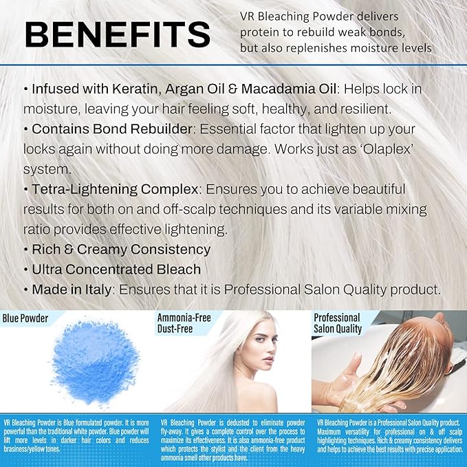 VR Blue Bleaching Hair Powder Extra Strength Lightener & Toner by Cocohoney, Made in Italy (8.75 oz (250 g))