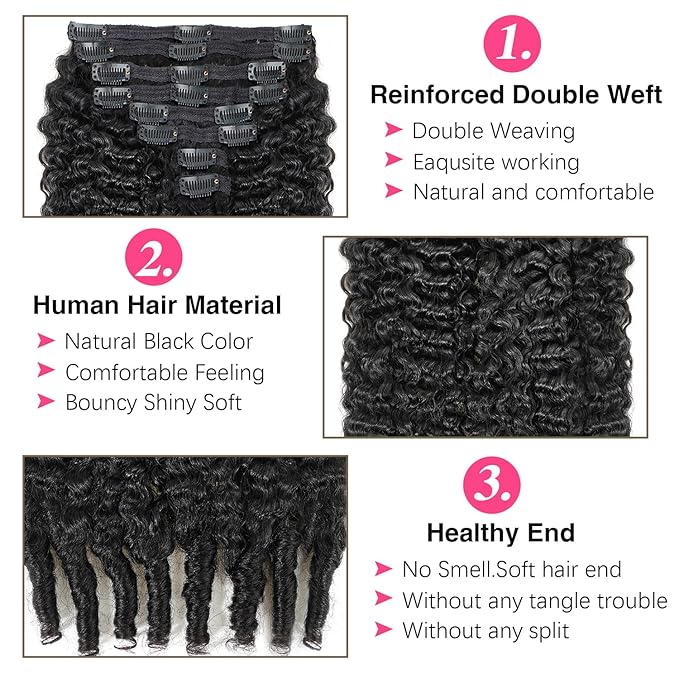 16 inch Burmese Curly Clip ins Human Hair Extensions #1B Natural Color Burmese Curly Clip in Hair Extensions For Women Brazilian Virgin Clip on Hair(16 Inch)