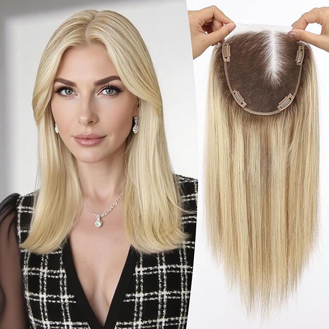 Full Hand Tied Hair Toppers for Women Remy Human Hair Lace Front Topper 14 Inch 6"×6" Partial wig Cover Thinning Hair or Loss No Bangs Top Hair Pieces (Blonde Mixed)