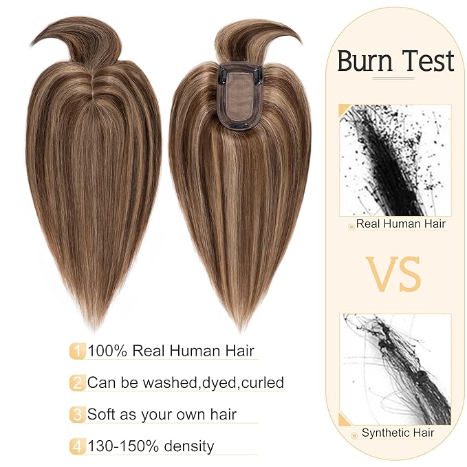 SEGO Hair Toppers for Women Real Human Hair With Bangs, 7 * 13CM Silk Base 100% Remy Human Hair Clip in Top Wiglet Hairpieces Add Volume -8 Inch/Medium Brown&Dark Blonde