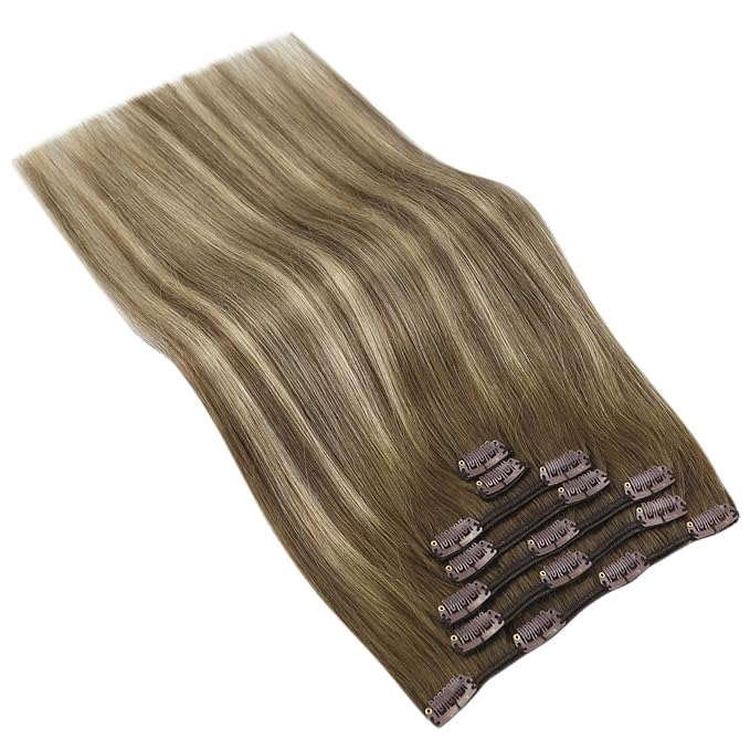 Ve Sunny Human Hair Clip in Extensions Brown Balayage Real Hair Extensions Clip in Human Hair Ombre Brown with Blonde Clip in Hair Extensions Real Human Hair 5pcs 12in 80g