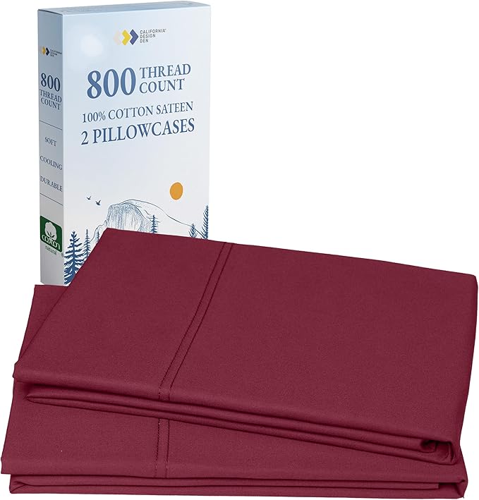 California Design Den Natural 100% Cotton Pillow Cases Queen Size Set of 2 - Luxuriously Soft and Thick 800 Thread Count, Smooth Sateen Standard/Queen Pillow Cases, Durable - Red Wine