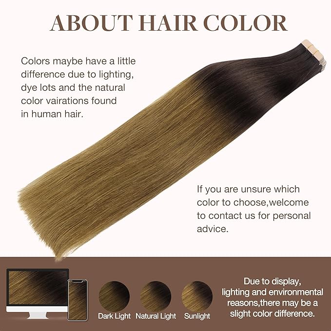 GOO GOO Tape in Hair Extensions Human Hair, 1D/2C/4E Chocolate Dip Color Melt, 18inch 50g 20pcs, Skin Weft Seamless Invisible, Silky Straight with Thick Ends, Remy Human Hair