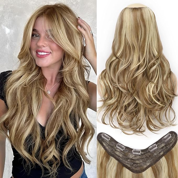 ALXNAN Long Wavy Hair Extensions for Women, Clip in Hair Extensions Clip Ins Soft Full Head Synthetic Hairpieces 20 Inch Light Brown Mixed Ash Blonde