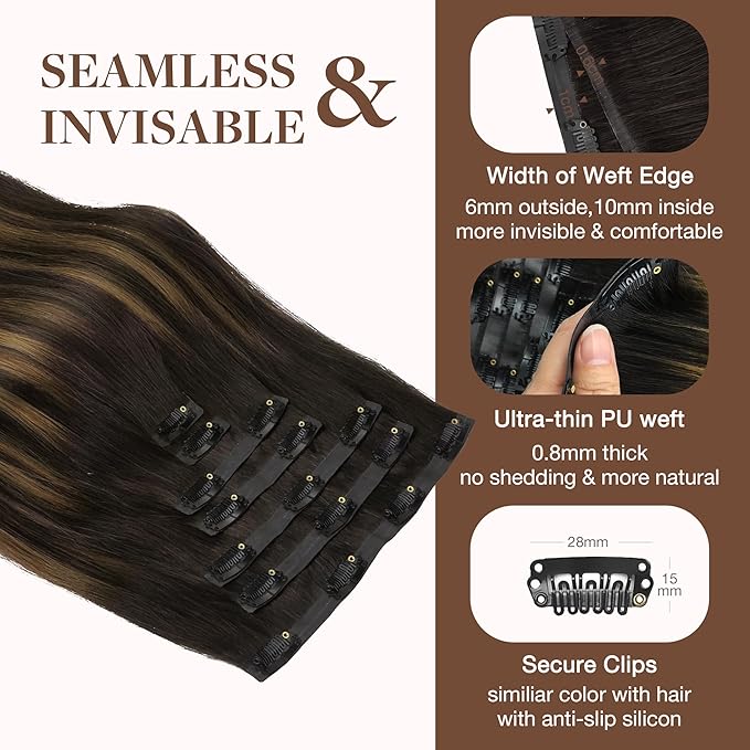 GOO GOO Clip in Hair Extensions Real Human Hair, Remy Human Hair Extensions Clip ins for Women, Natural Human Hair, 16inch 130g 7Pcs, 2/6/2 Balayage Dark Brown to Chestnut Brown