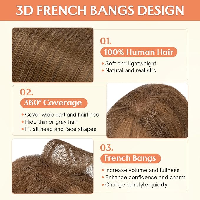 Benehair Clip in Bangs 100% Real Human Hair Extensions 360° Cover Clip on 3D Wispy Bangs for Women Topper Hairpieces for Women Medium Brown