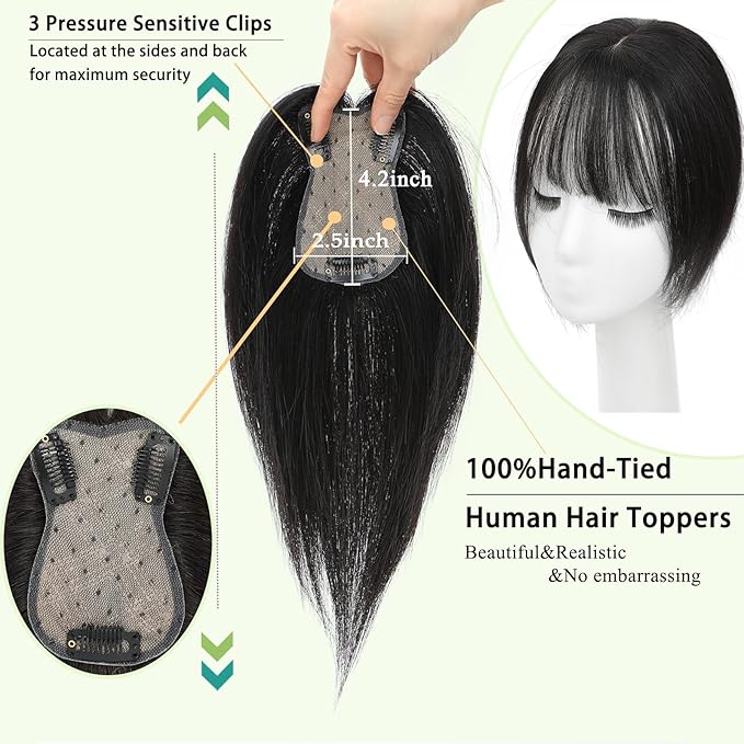 Hair Toppers for Women Real Human Hair, 360°3D Bangs Clip Human Toppers for Women with Thinning hair Realistic Scalp Line (Black, 3D French Bangs(11 * 7))