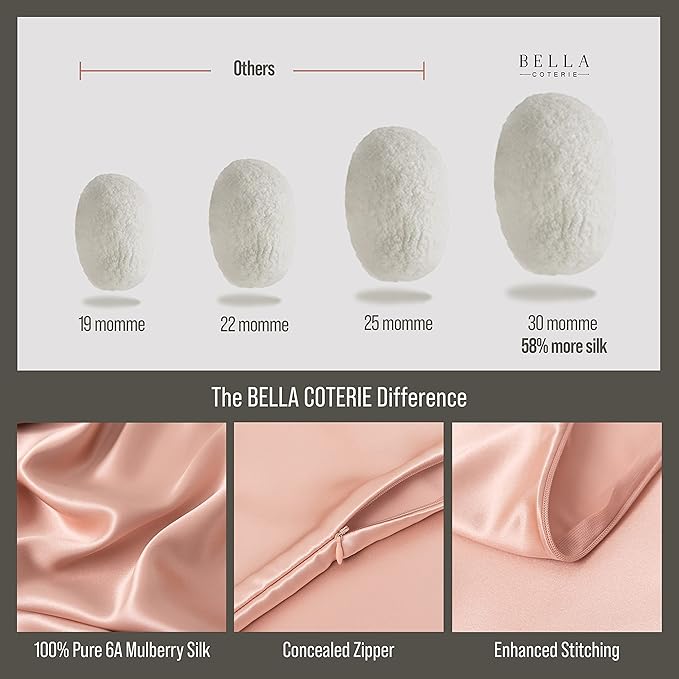 Bella Coterie Luxury Silk Pillowcase for Hair and Skin | 30 Momme | 100% Pure 6A Mulberry Silk | Super Soft | Perfectly Plush [Queen, Dusty Rose]