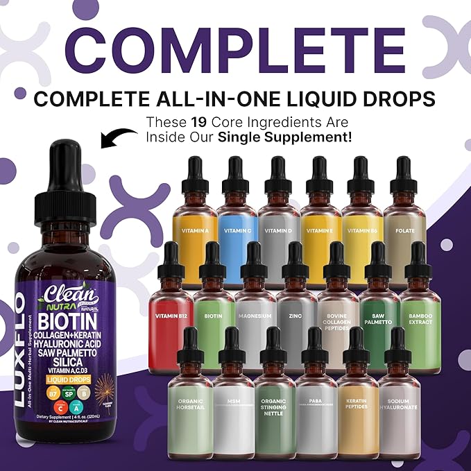 Biotin Liquid Drops Collagen Keratin Hyaluronic Acid Saw Palmetto for Hair Skin and Nails Silica Vitamin A C Vitamin D Bamboo Turmeric Zinc Folate Magnesium Horsetail LuxGlo by Clean Nutra - 2Pack