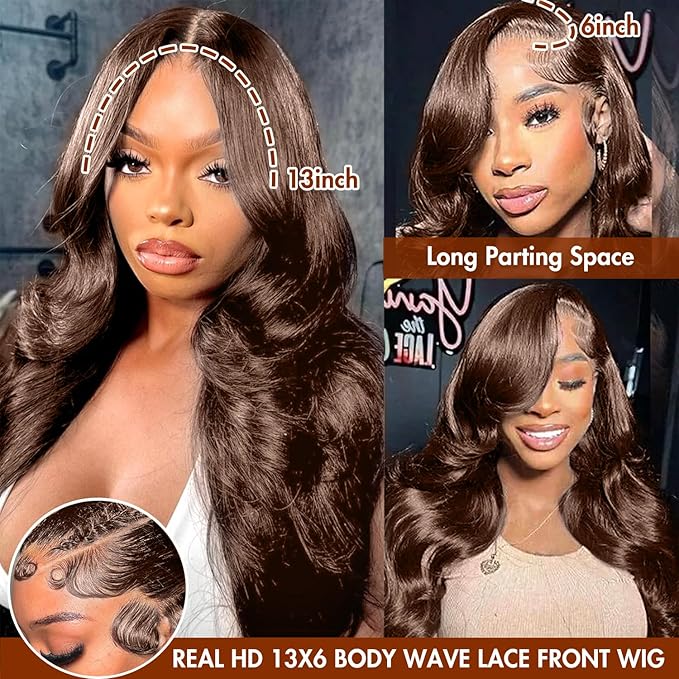 250 Density 13x6 FULL SKINLIKE HD lace front wigs Human Hair Chocolate Brown Pre Plucked Real 15A 0.10mm Ultra-thin Invisible Front HD Lace wigs Small Knots Body Wave Full Virgin Hair 28 Inch