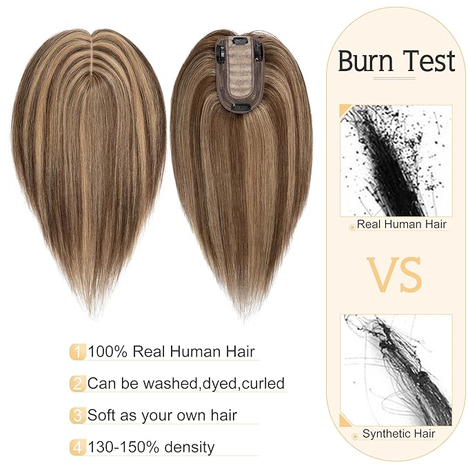 SEGO Human Hair Toppers for Women With Thinning Hair, 7 * 13CM Silk Base 100% Real Human Hair Clip in Top Wiglet Hairpieces /6 Inch No Bangs Medium Brown&Dark Blonde