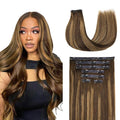 Lashey Seamless Clip in Hair Extensions Human Hair, 16 Inch 110g 7pcs Straight Balayage Chocolate Brown to Honey Blonde with Brown Root Highlight Clip in Hair Extensions for Women