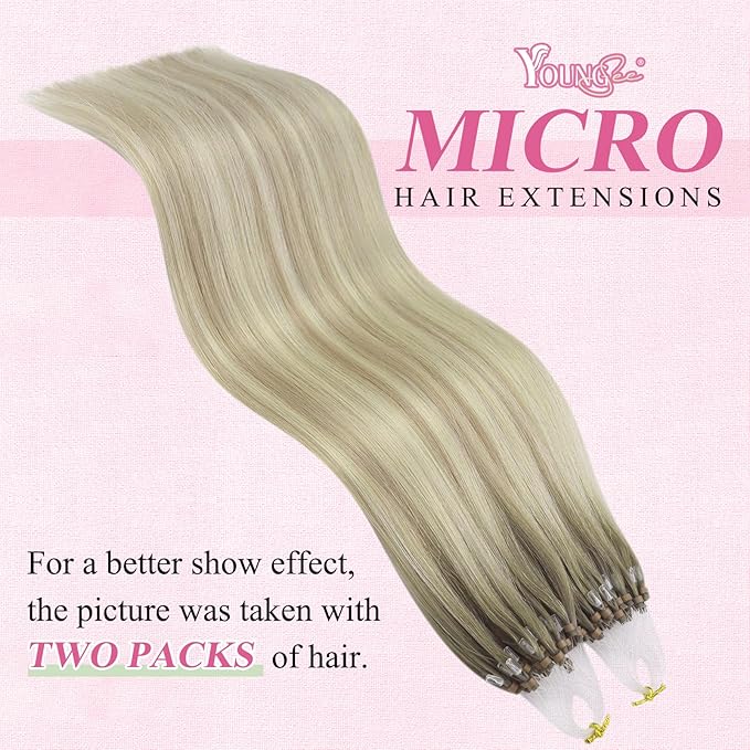 YoungSee Micro Link Hair Extensions Human Hair Blonde Ombre Microloop Hair Extensions Human Hair Blonde to Platinum Blonde Bead Hair Extensions Human Hair 16In Balayage Micro Links Hair Soft 50s/50g