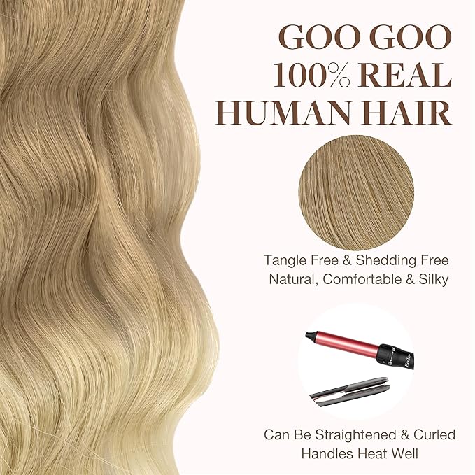 GOO GOO Tape in Hair Extensions Human Hair, O18G/22G(L) Golden Beige Blonde with Ash Highlights, 16inch 50g 20pcs, Skin Weft Seamless Invisible, Silky Straight with Thick Ends, Remy Human Hair