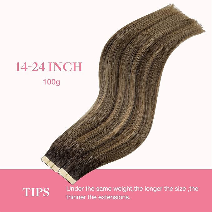 GOO GOO Tape in Hair Extensions Human Hair, 4D/14/5B Brunette Balayage, 18inch 100g 40pcs, Skin Weft Seamless Invisible, Silky Straight with Thick Ends, Remy Human Hair