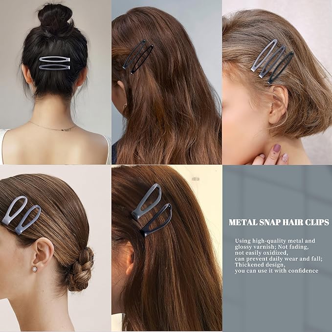 16 PCS Snap Hair Clips Metal Barrettes for Women Non Slip Barrettes for Thick and Thin Fine Hair,Bright Black Multiple Gray,2.36 x 0.43 Inches.