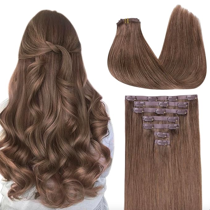 GOO GOO Clip in Hair Extensions Real Human Hair, Remy Human Hair Extensions Clip ins for Women, Natural Human Hair, 12inch 85g 7Pcs, #5 Light Ash Brown